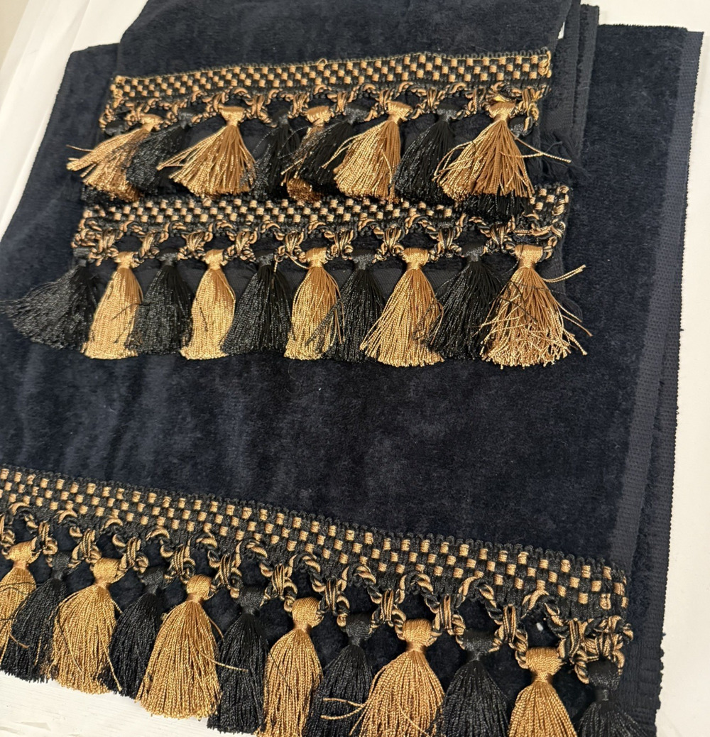 The Avanti Look 3PC Hand Towel Set Black&Gold Tassel 100% Cotton Glam Vtg Luxury